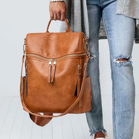 Handbags - Brown Vegan Leather Backpack